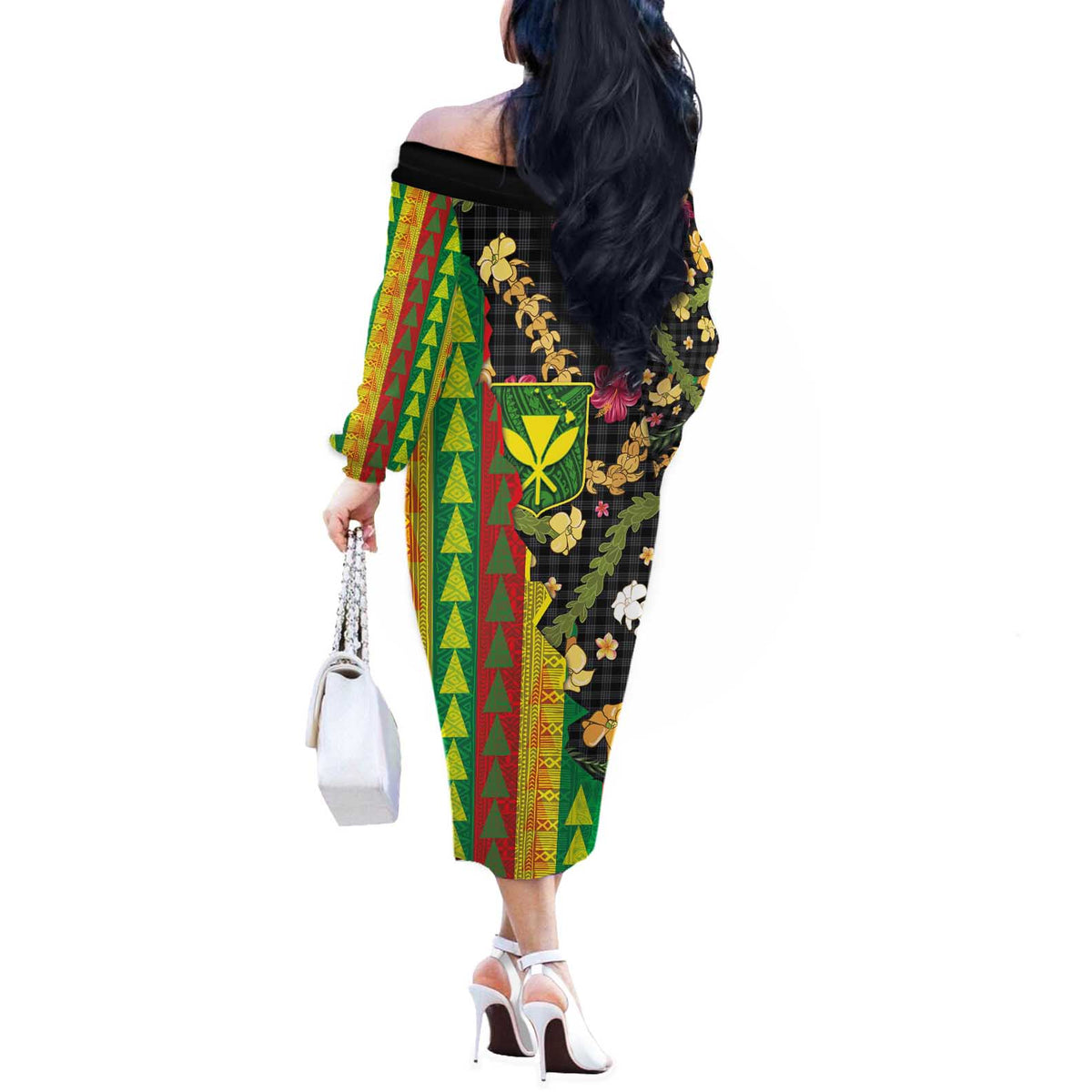 Hawaiian Tropical Plants Lei Off The Shoulder Long Sleeve Dress Kanaka Maoli Tribal with Palaka Motifs - Polynesian Pride