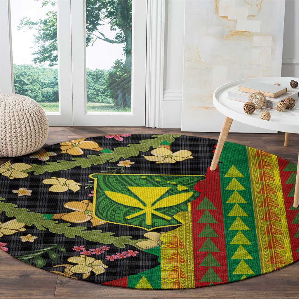 Hawaiian Tropical Plants Lei Round Carpet Kanaka Maoli Tribal with Palaka Motifs - Polynesian Pride