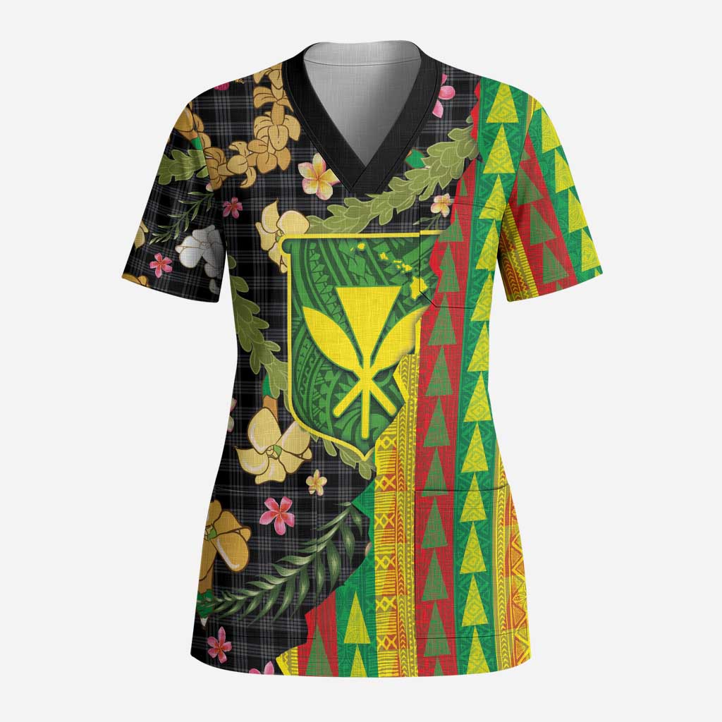 Hawaiian Tropical Plants Lei Scrub Top Kanaka Maoli Tribal with Palaka Motifs - Polynesian Pride