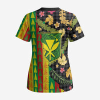 Hawaiian Tropical Plants Lei Scrub Top Kanaka Maoli Tribal with Palaka Motifs - Polynesian Pride