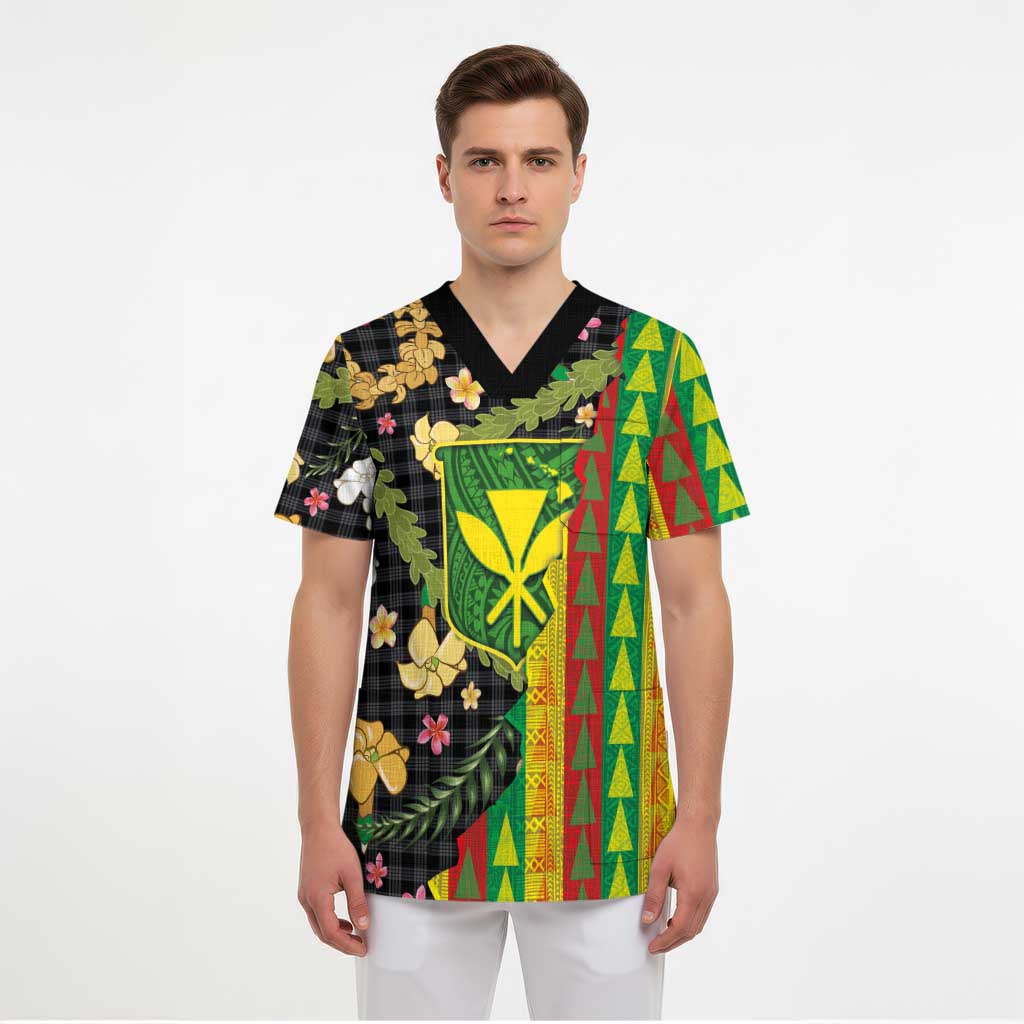 Hawaiian Tropical Plants Lei Scrub Top Kanaka Maoli Tribal with Palaka Motifs - Polynesian Pride