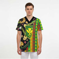 Hawaiian Tropical Plants Lei Scrub Top Kanaka Maoli Tribal with Palaka Motifs - Polynesian Pride