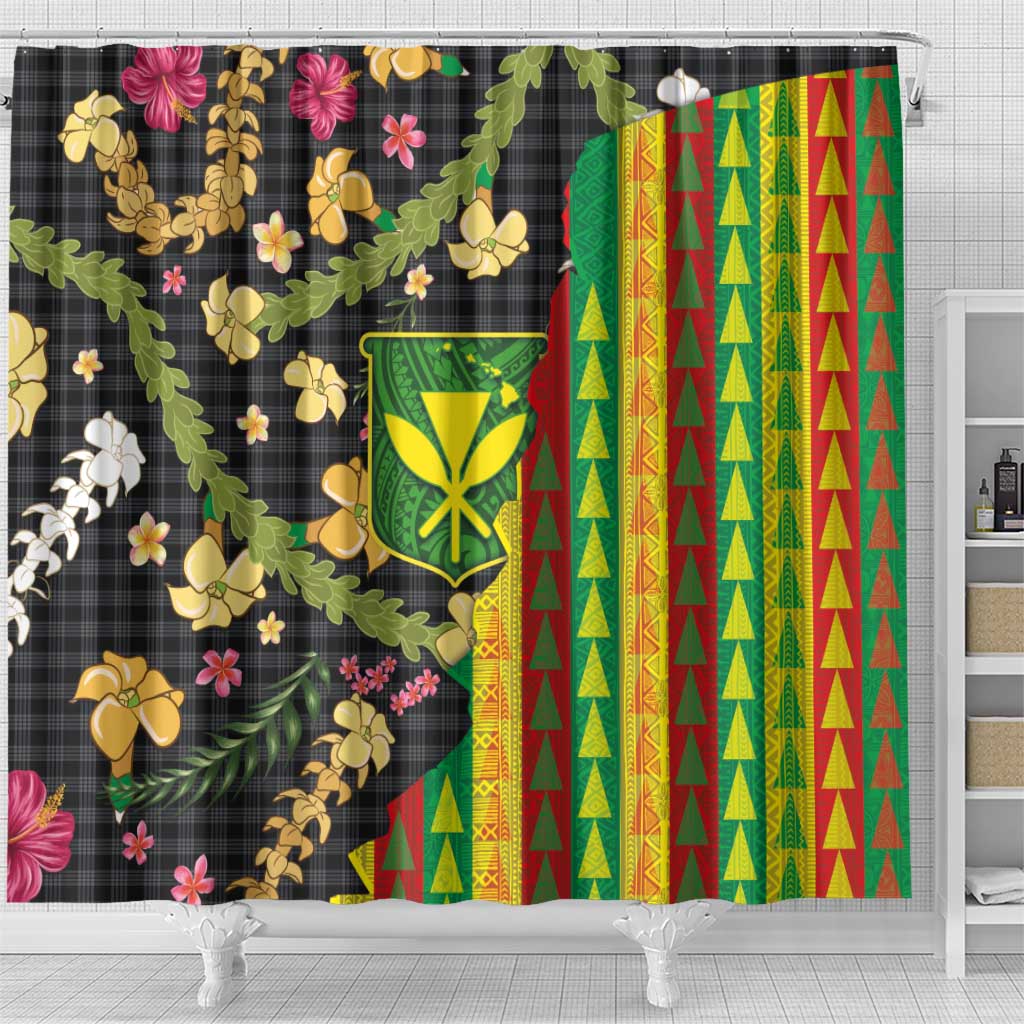 Hawaiian Tropical Plants Lei Shower Curtain Kanaka Maoli Tribal with Palaka Motifs - Polynesian Pride