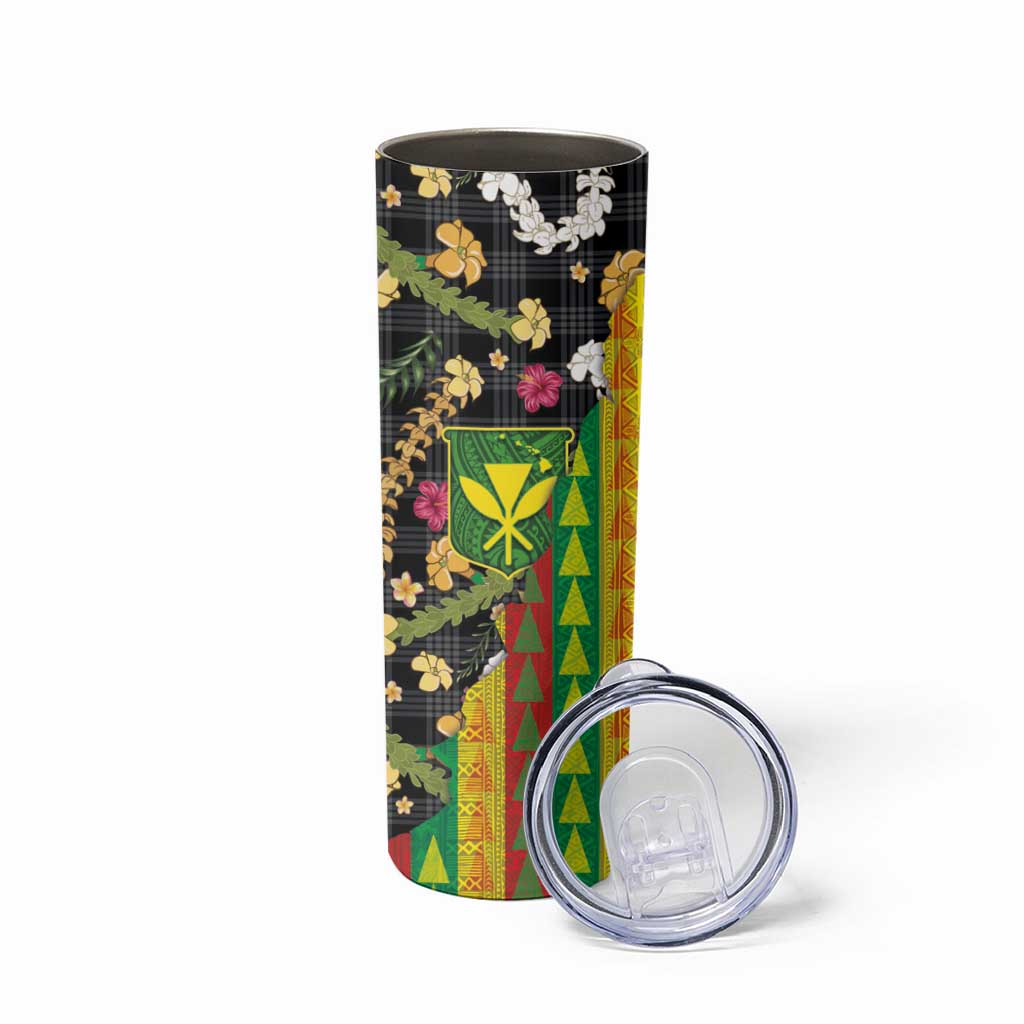 Hawaiian Tropical Plants Lei Skinny Tumbler Kanaka Maoli Tribal with Palaka Motifs - Polynesian Pride
