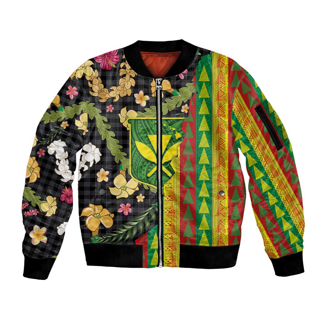 Hawaiian Tropical Plants Lei Sleeve Zip Bomber Jacket Kanaka Maoli Tribal with Palaka Motifs - Polynesian Pride