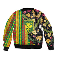 Hawaiian Tropical Plants Lei Sleeve Zip Bomber Jacket Kanaka Maoli Tribal with Palaka Motifs - Polynesian Pride