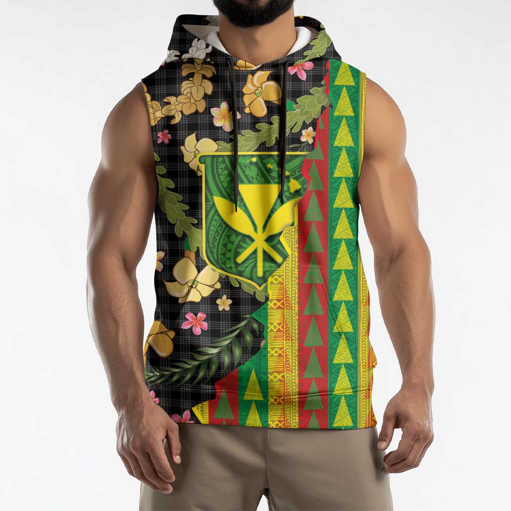 Hawaiian Tropical Plants Lei Sleeveless Hoodie Kanaka Maoli Tribal with Palaka Motifs - Polynesian Pride