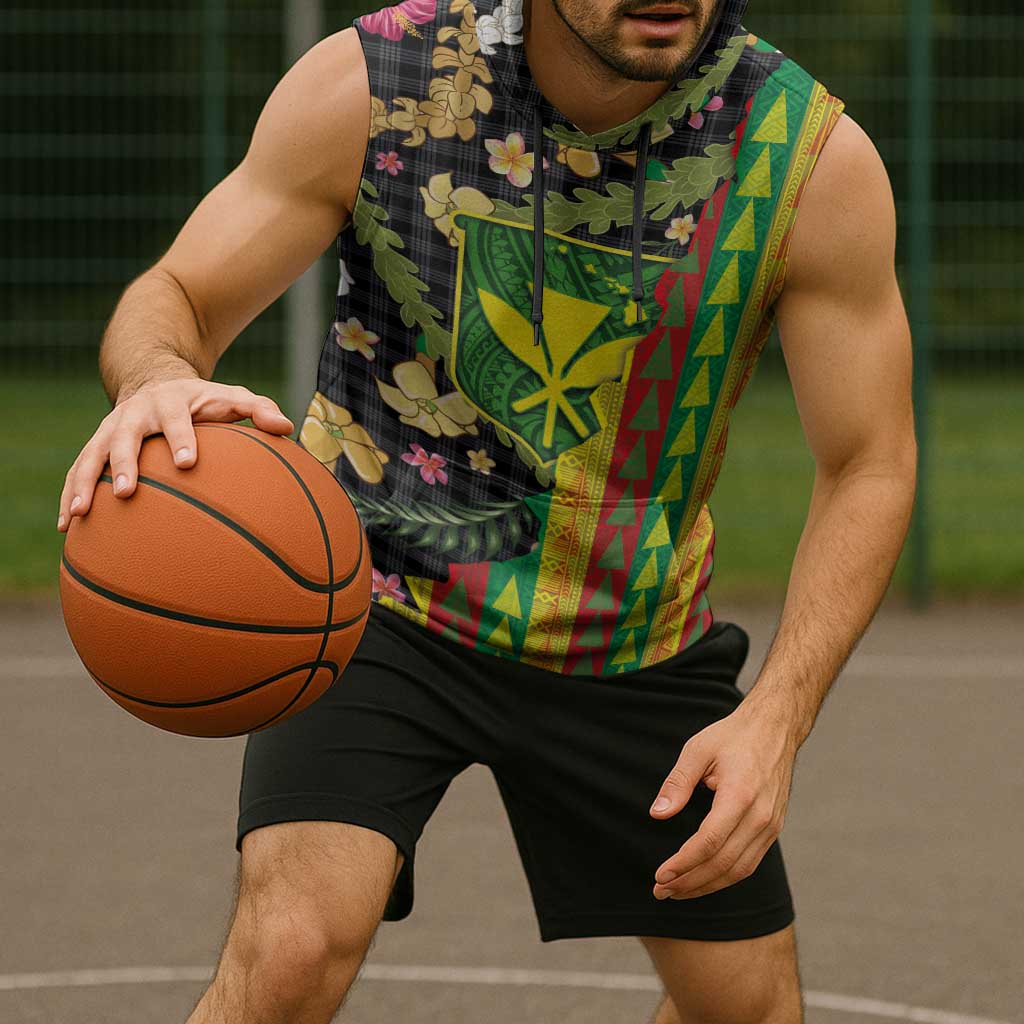 Hawaiian Tropical Plants Lei Sleeveless Hoodie Kanaka Maoli Tribal with Palaka Motifs - Polynesian Pride