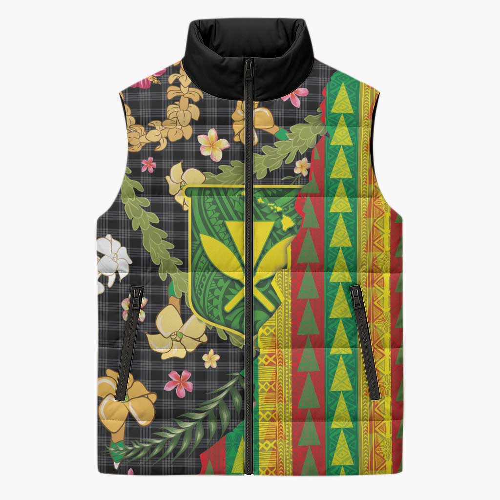 Hawaiian Tropical Plants Lei Sleeveless Puffer Jacket Kanaka Maoli Tribal with Palaka Motifs - Polynesian Pride
