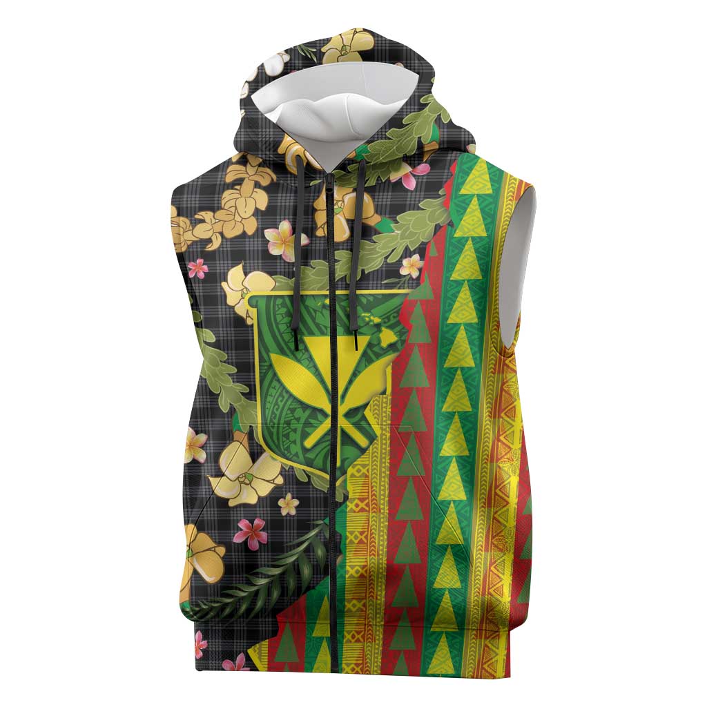 Hawaiian Tropical Plants Lei Sleeveless Zip Hoodie Kanaka Maoli Tribal with Palaka Motifs - Polynesian Pride