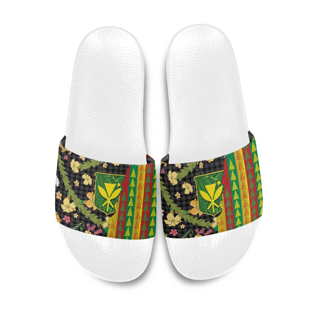 Hawaiian Tropical Plants Lei Slide Sandals Kanaka Maoli Tribal with Palaka Motifs - Polynesian Pride