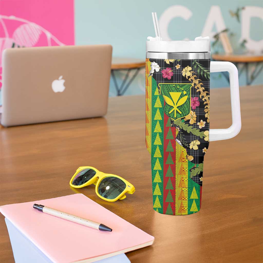 Hawaiian Tropical Plants Lei Tumbler With Handle Kanaka Maoli Tribal with Palaka Motifs - Polynesian Pride
