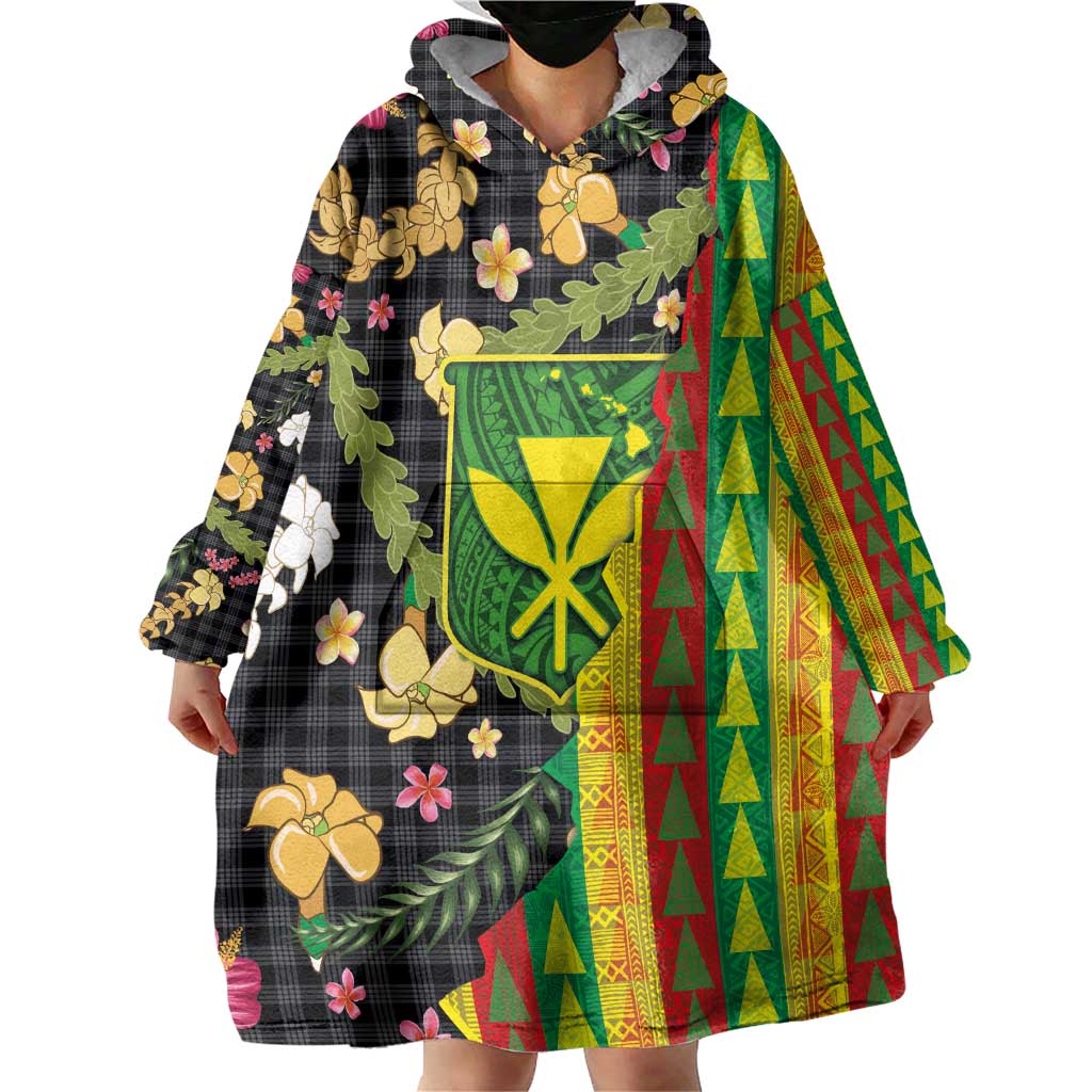 Hawaiian Tropical Plants Lei Wearable Blanket Hoodie Kanaka Maoli Tribal with Palaka Motifs - Polynesian Pride