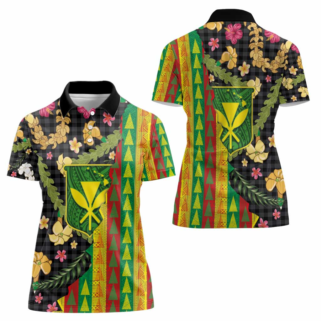 Hawaiian Tropical Plants Lei Women Polo Shirt Kanaka Maoli Tribal with Palaka Motifs - Polynesian Pride