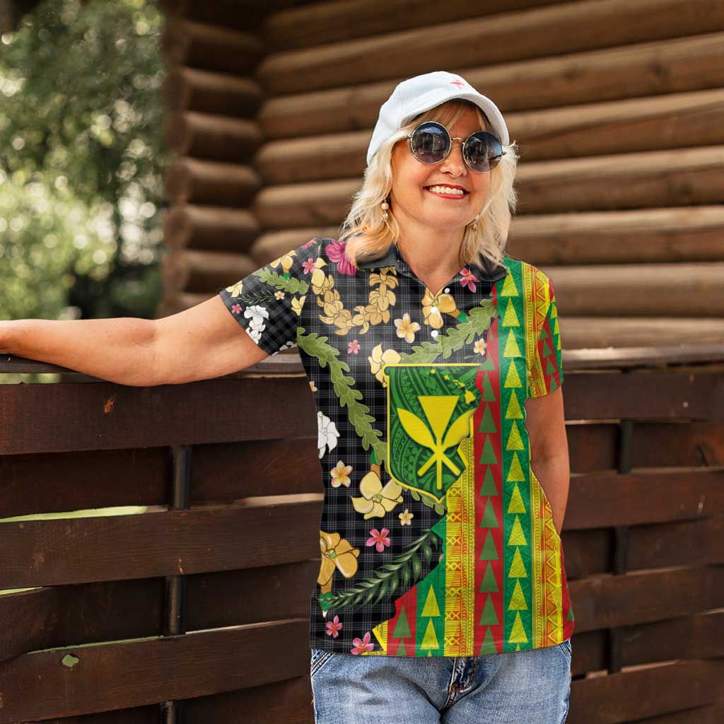 Hawaiian Tropical Plants Lei Women Polo Shirt Kanaka Maoli Tribal with Palaka Motifs - Polynesian Pride