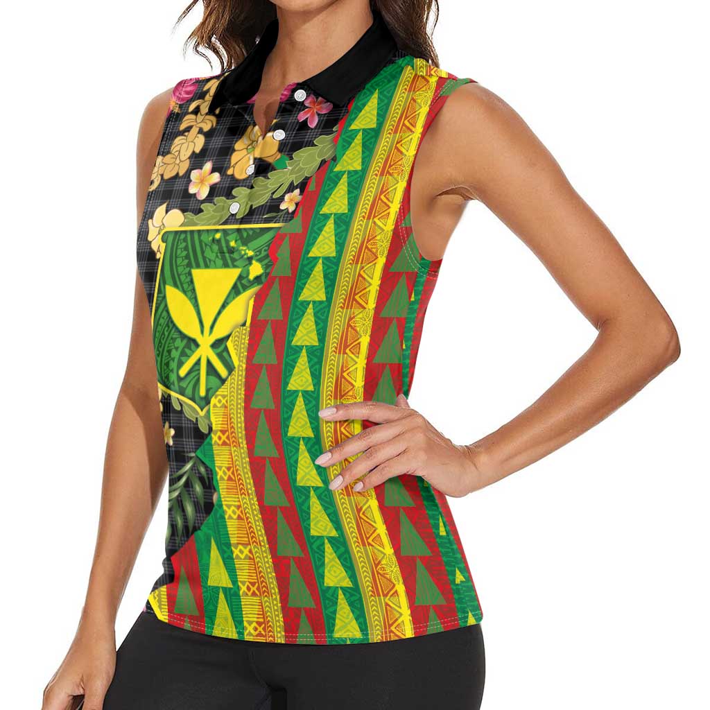 Hawaiian Tropical Plants Lei Women Sleeveless Polo Shirt Kanaka Maoli Tribal with Palaka Motifs - Polynesian Pride