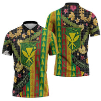 Hawaiian Tropical Plants Lei Zipper Polo Shirt Kanaka Maoli Tribal with Palaka Motifs - Polynesian Pride