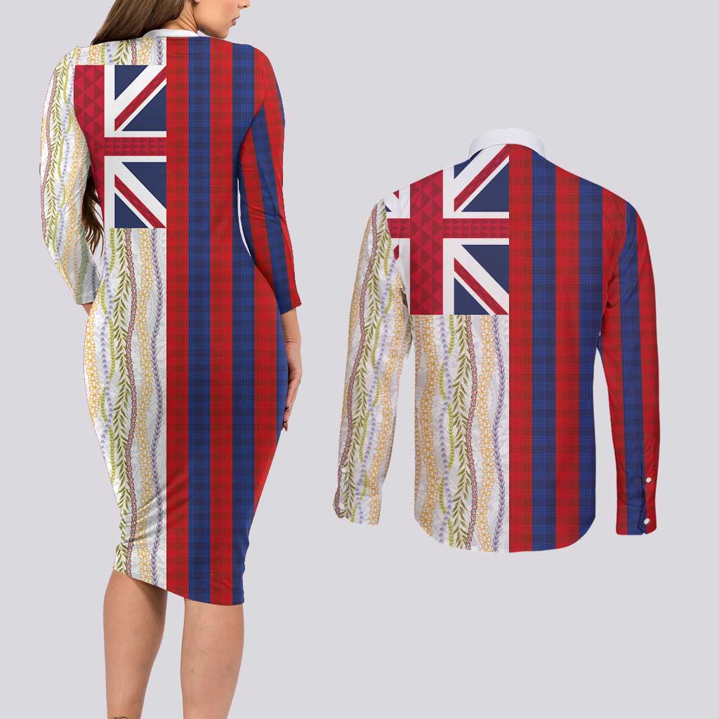 Hawaiian Tropical Plants Lei Couples Matching Long Sleeve Bodycon Dress and Long Sleeve Button Shirt National Flag Style - Polynesian Pride