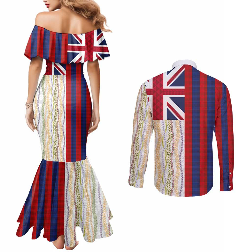 Hawaiian Tropical Plants Lei Couples Matching Mermaid Dress and Long Sleeve Button Shirt National Flag Style - Polynesian Pride