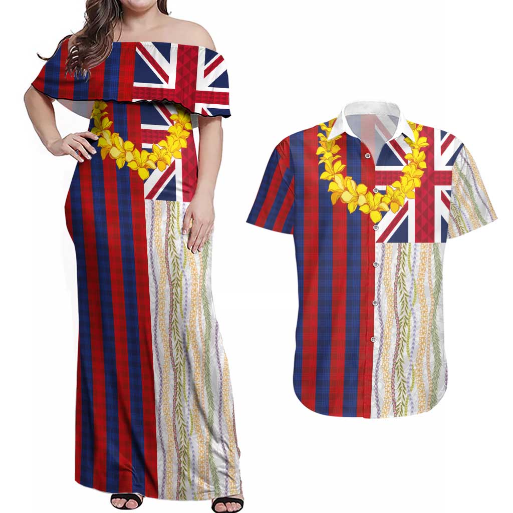 Hawaiian Tropical Plants Lei Couples Matching Off Shoulder Maxi Dress and Hawaiian Shirt National Flag Style - Polynesian Pride