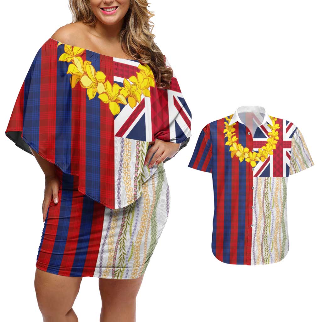 Hawaiian Tropical Plants Lei Couples Matching Off Shoulder Short Dress and Hawaiian Shirt National Flag Style - Polynesian Pride