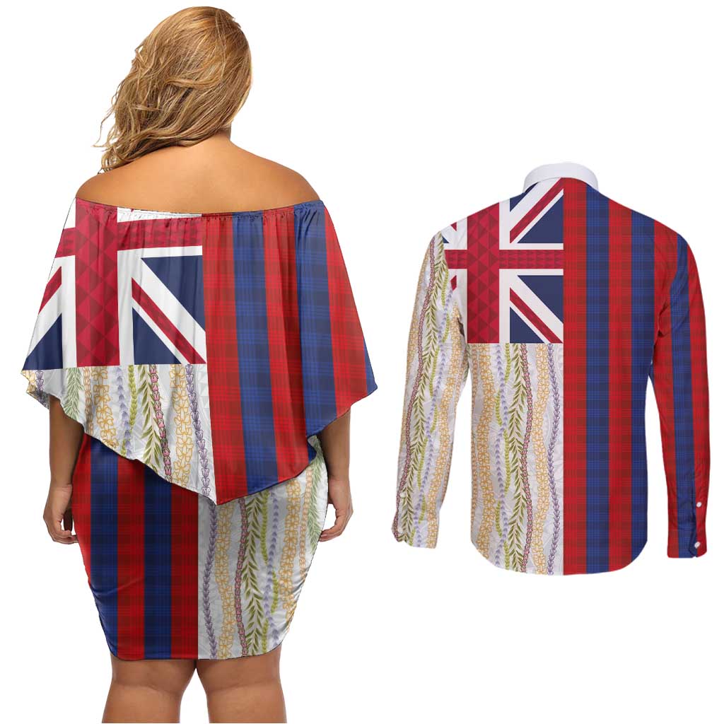 Hawaiian Tropical Plants Lei Couples Matching Off Shoulder Short Dress and Long Sleeve Button Shirt National Flag Style - Polynesian Pride