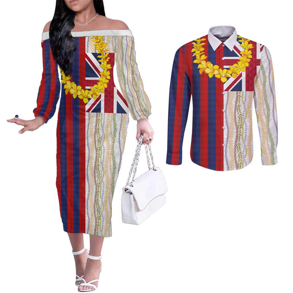 Hawaiian Tropical Plants Lei Couples Matching Off The Shoulder Long Sleeve Dress and Long Sleeve Button Shirt National Flag Style - Polynesian Pride