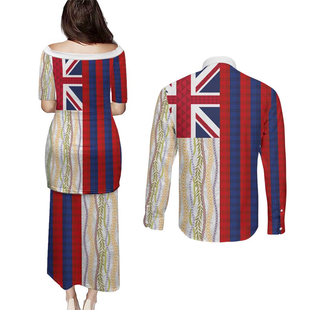 Hawaiian Tropical Plants Lei Couples Matching Puletasi and Long Sleeve Button Shirt National Flag Style LT03 - Polynesian Pride