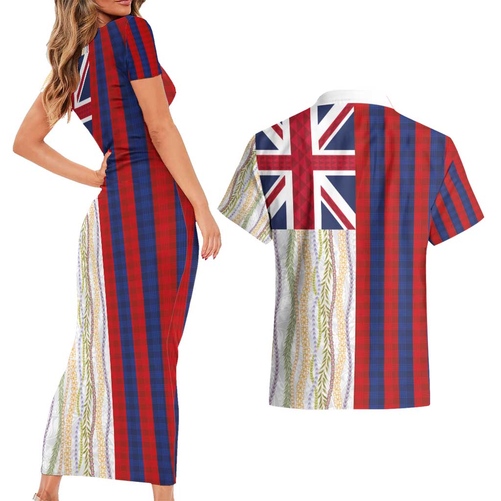 Hawaiian Tropical Plants Lei Couples Matching Short Sleeve Bodycon Dress and Hawaiian Shirt National Flag Style - Polynesian Pride