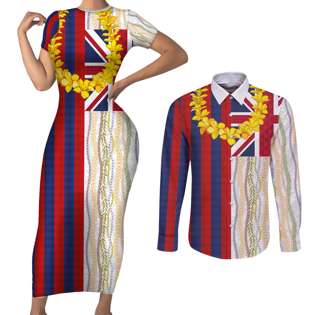 Hawaiian Tropical Plants Lei Couples Matching Short Sleeve Bodycon Dress and Long Sleeve Button Shirt National Flag Style - Polynesian Pride