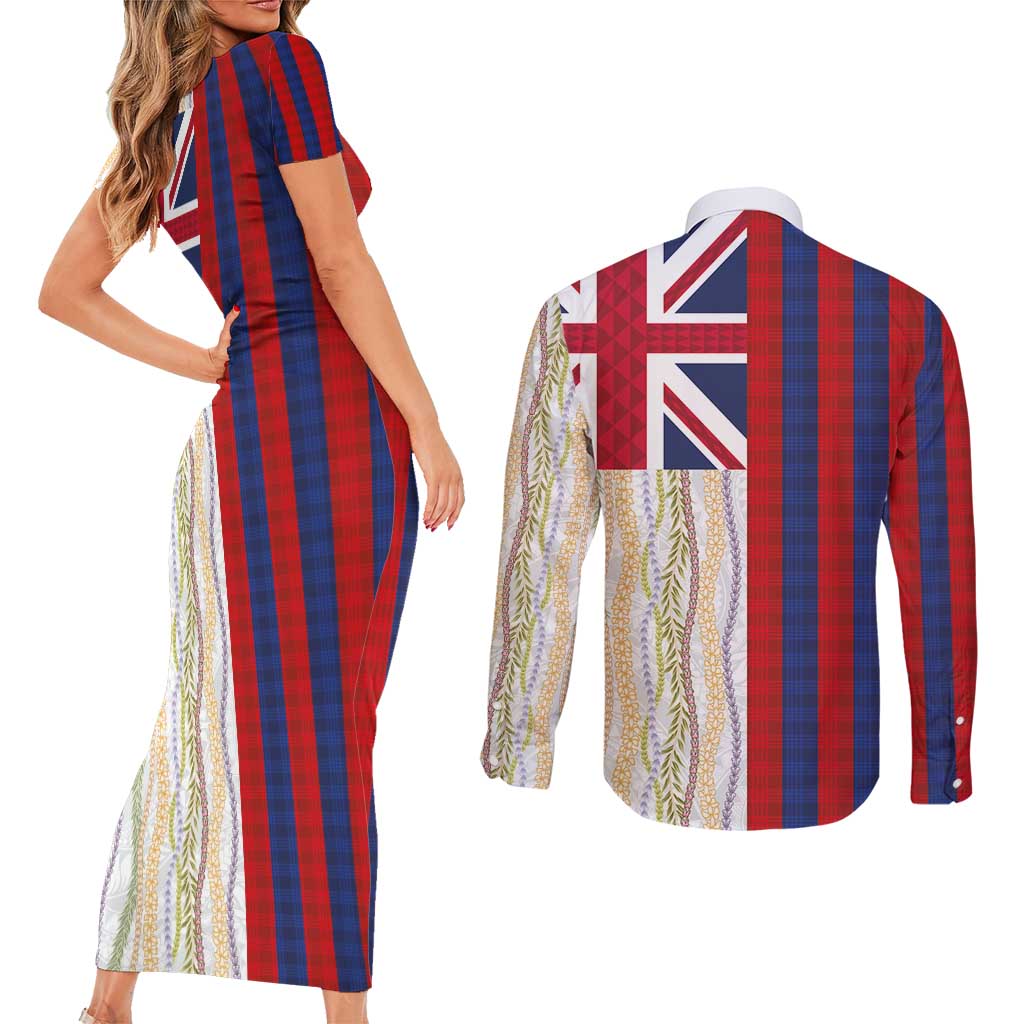 Hawaiian Tropical Plants Lei Couples Matching Short Sleeve Bodycon Dress and Long Sleeve Button Shirt National Flag Style - Polynesian Pride