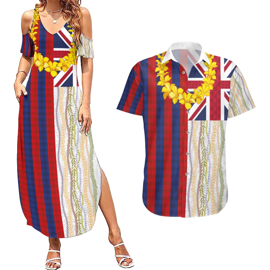 Hawaiian Tropical Plants Lei Couples Matching Summer Maxi Dress and Hawaiian Shirt National Flag Style - Polynesian Pride