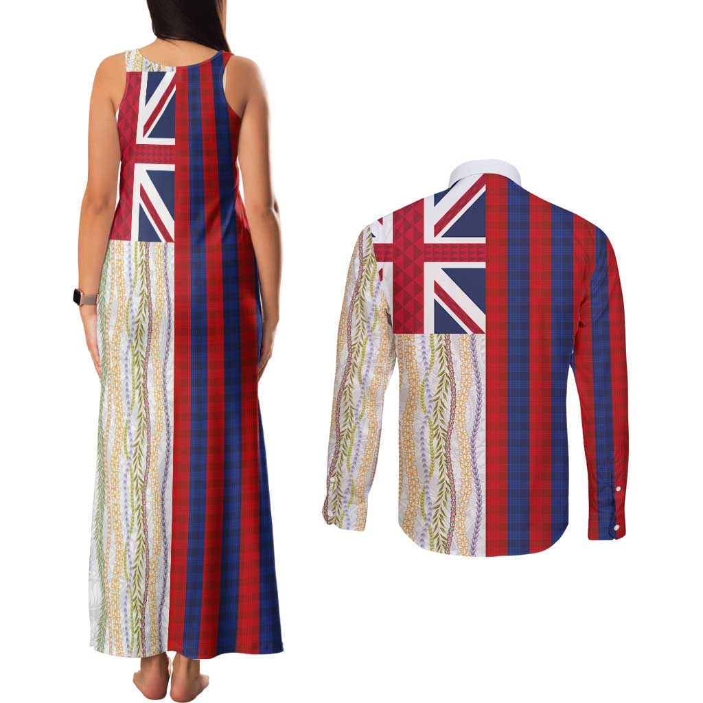 Hawaiian Tropical Plants Lei Couples Matching Tank Maxi Dress and Long Sleeve Button Shirt National Flag Style - Polynesian Pride