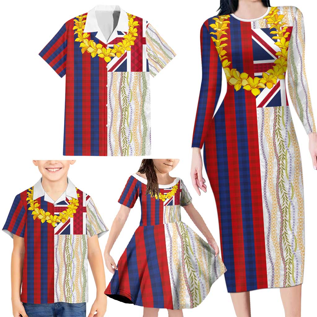 Hawaiian Tropical Plants Lei Family Matching Long Sleeve Bodycon Dress and Hawaiian Shirt National Flag Style - Polynesian Pride