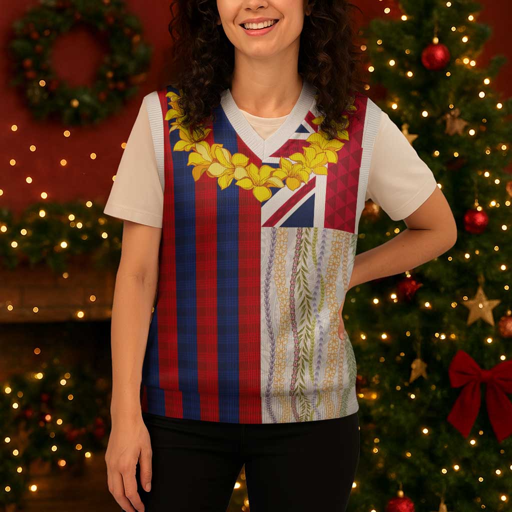 Hawaiian Tropical Plants Lei Christmas Knitted V-Neck Vest National Flag Style - Polynesian Pride