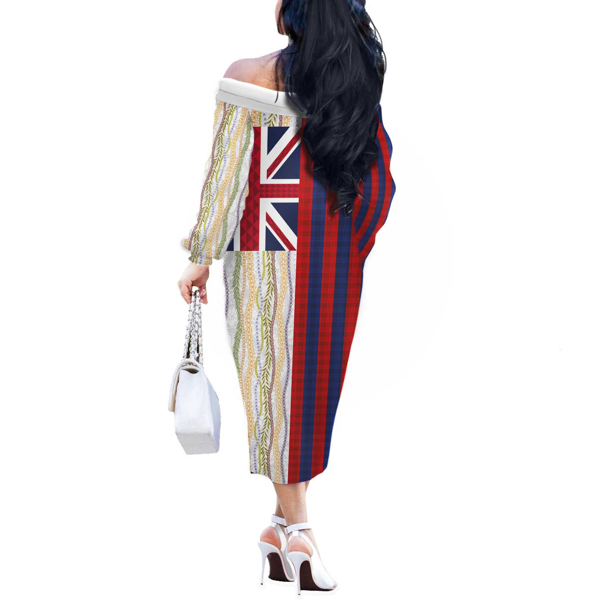 Hawaiian Tropical Plants Lei Off The Shoulder Long Sleeve Dress National Flag Style - Polynesian Pride