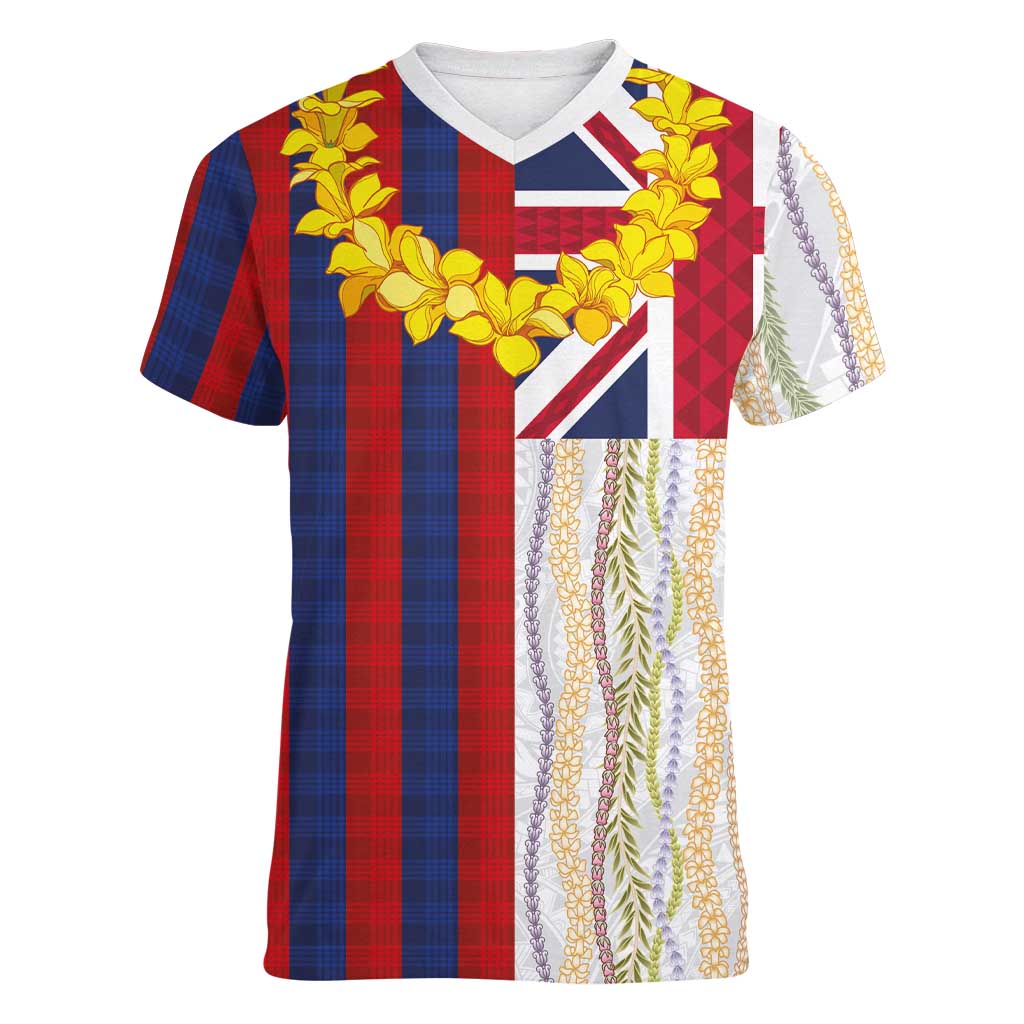 Hawaiian Tropical Plants Lei Women V-Neck T-Shirt National Flag Style LT03 Female Multicolor - Polynesian Pride