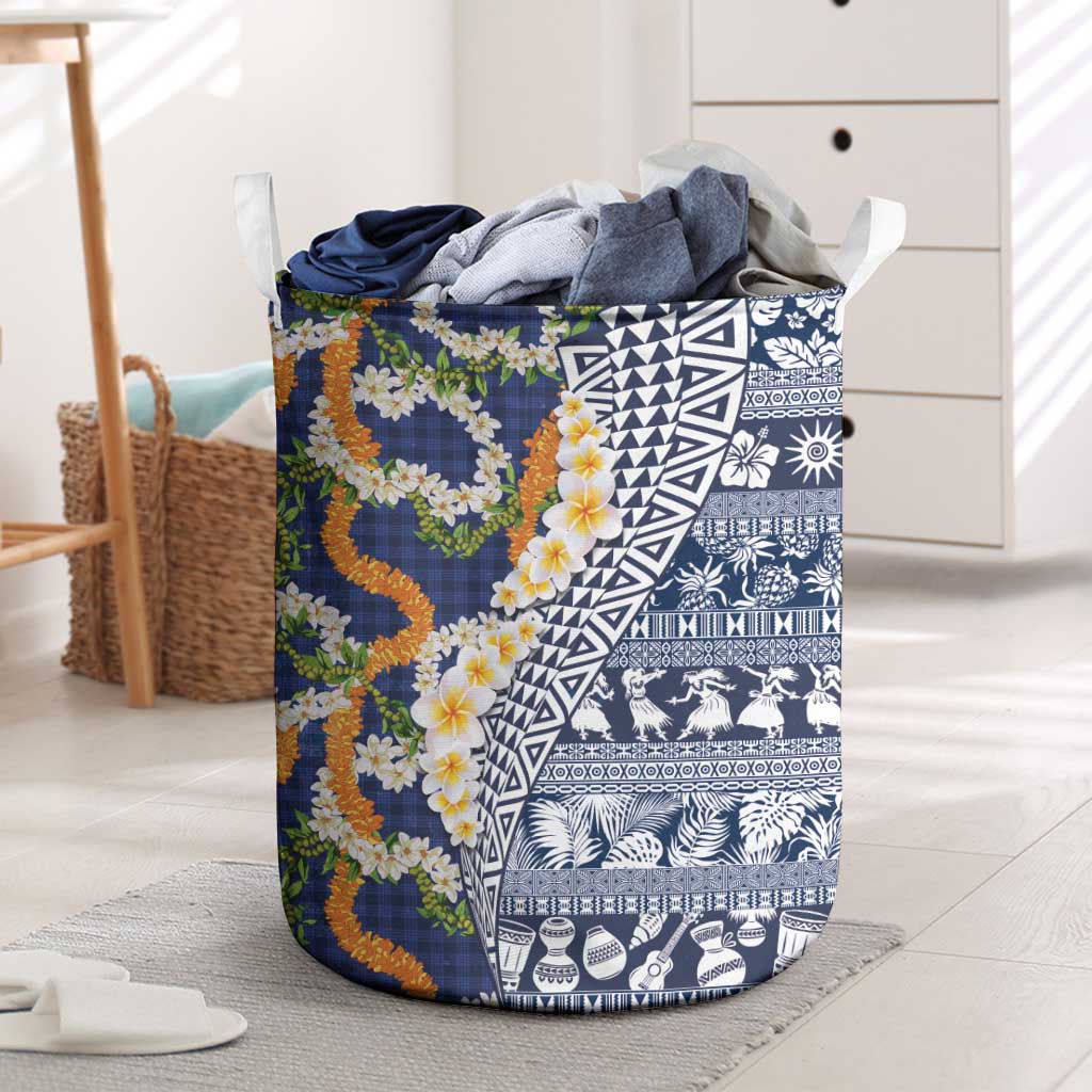 Hawaiian Plumeria Lei Laundry Basket Kakau Motifs and Palaka Half Style Blue Color LT03 Blue - Polynesian Pride