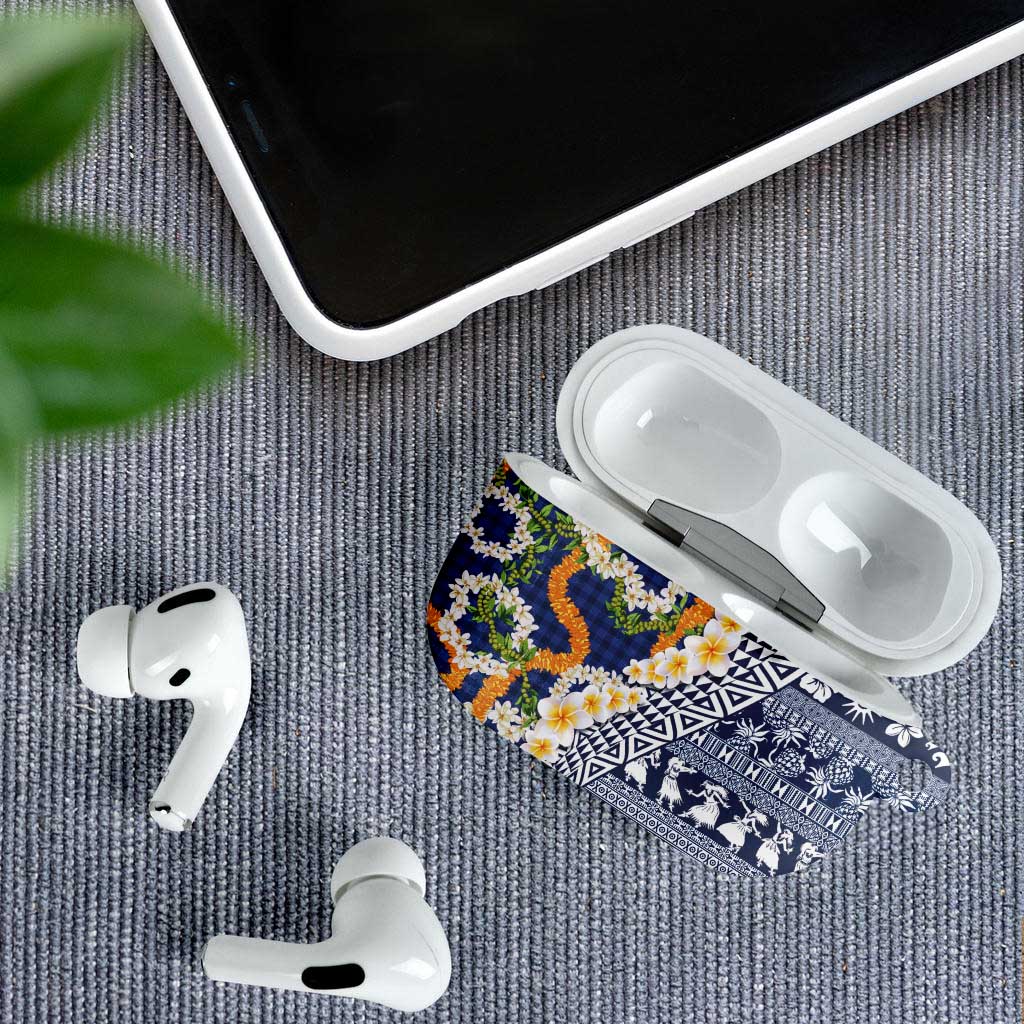 Hawaiian Plumeria Lei AirPods Case Kakau Motifs and Palaka Half Style Blue Color - Polynesian Pride