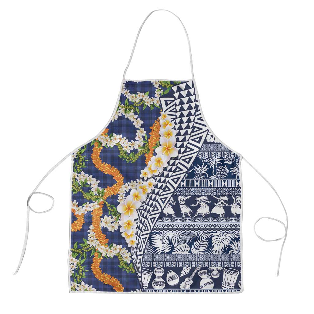 Hawaiian Plumeria Lei Apron Kakau Motifs and Palaka Half Style Blue Color - Polynesian Pride