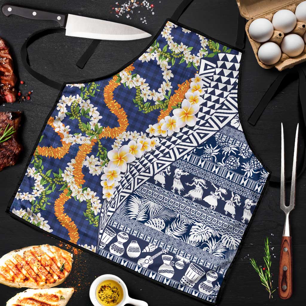 Hawaiian Plumeria Lei Apron Kakau Motifs and Palaka Half Style Blue Color - Polynesian Pride