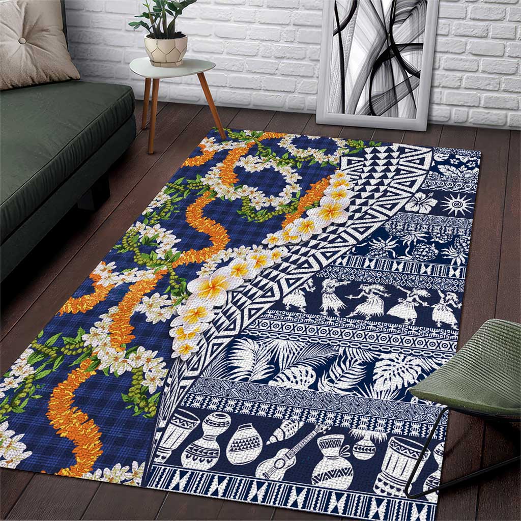 Hawaiian Plumeria Lei Area Rug Kakau Motifs and Palaka Half Style Blue Color - Polynesian Pride