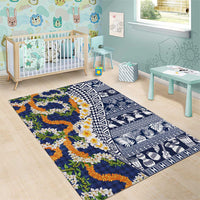 Hawaiian Plumeria Lei Area Rug Kakau Motifs and Palaka Half Style Blue Color - Polynesian Pride