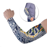 Hawaiian Plumeria Lei Arm Sleeves Kakau Motifs and Palaka Half Style Blue Color LT03 Set of 2 Blue - Polynesian Pride