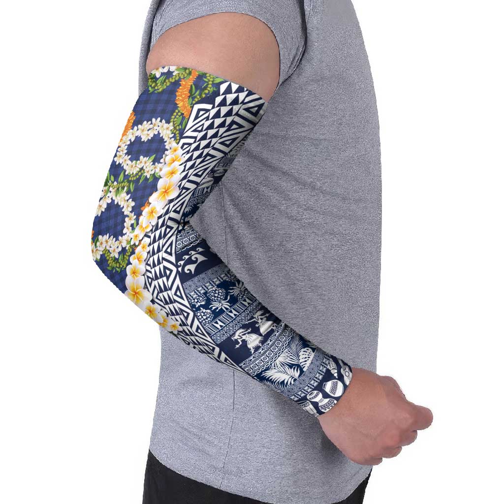 Hawaiian Plumeria Lei Arm Sleeves Kakau Motifs and Palaka Half Style Blue Color LT03 - Polynesian Pride