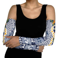 Hawaiian Plumeria Lei Arm Sleeves Kakau Motifs and Palaka Half Style Blue Color LT03 - Polynesian Pride