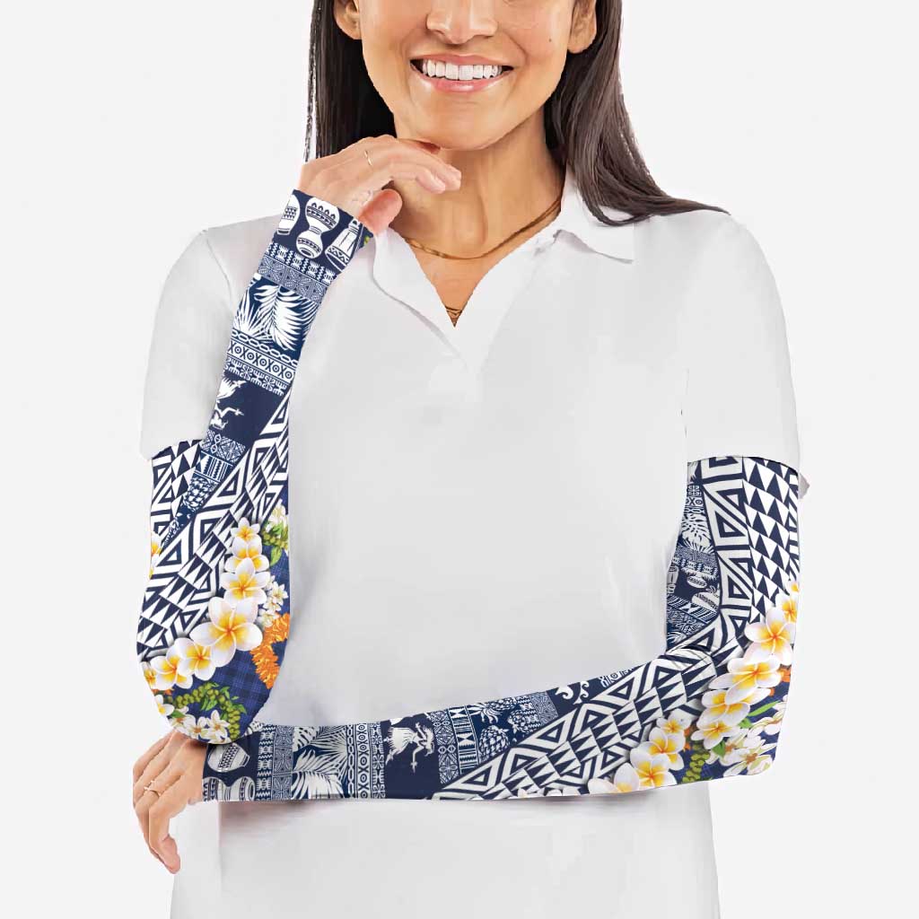Hawaiian Plumeria Lei Arm Sleeves Kakau Motifs and Palaka Half Style Blue Color LT03 - Polynesian Pride