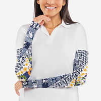 Hawaiian Plumeria Lei Arm Sleeves Kakau Motifs and Palaka Half Style Blue Color LT03 - Polynesian Pride