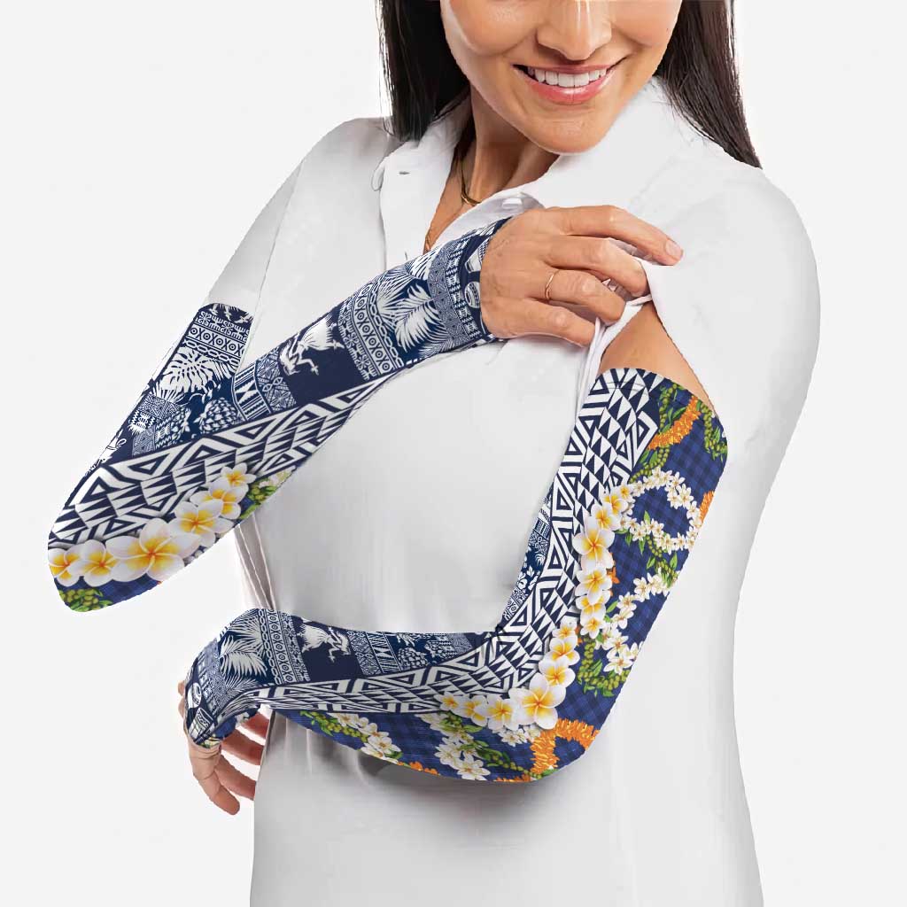 Hawaiian Plumeria Lei Arm Sleeves Kakau Motifs and Palaka Half Style Blue Color LT03 - Polynesian Pride