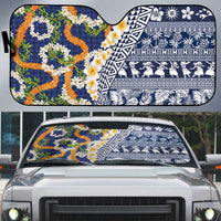 Hawaiian Plumeria Lei Auto Sun Shade Kakau Motifs and Palaka Half Style Blue Color LT03 Blue - Polynesian Pride